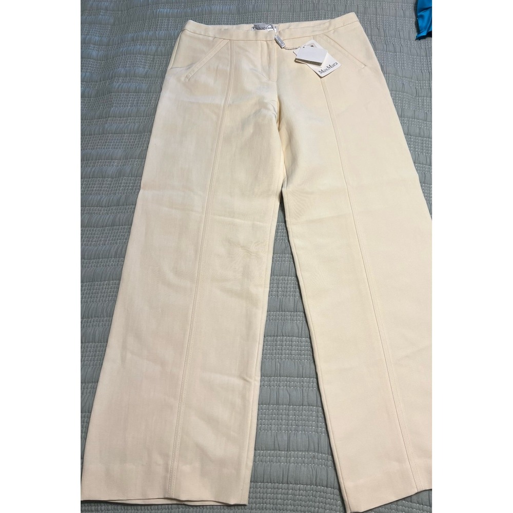 NWT Max Mara Ivory Flat Trousers Size 10 Old Money Made In Italy Cotton $350+